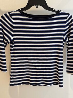 Talbots Tee 3/4 Sleeve Blue Striped Cotton Top M